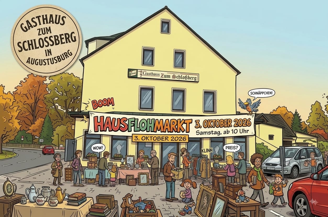 Illustration zum Hausflohmarkt am Samstag, 3. Oktober 2026, ab 10 Uhr im Gasthaus Zum Schlossberg.